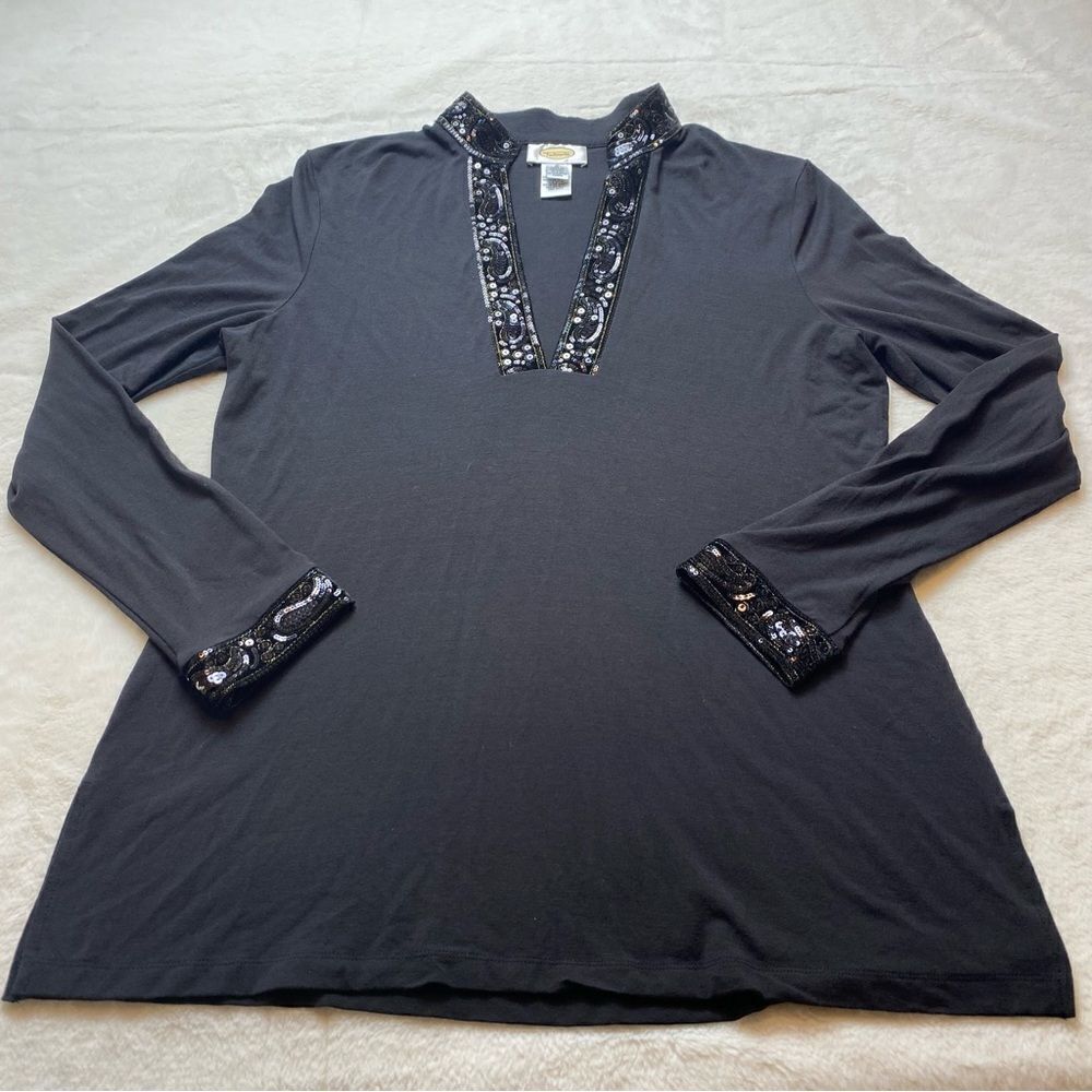 Talbots Black V Neck Tunic Length Long Sleeve W/Sequin Trim Size Medium